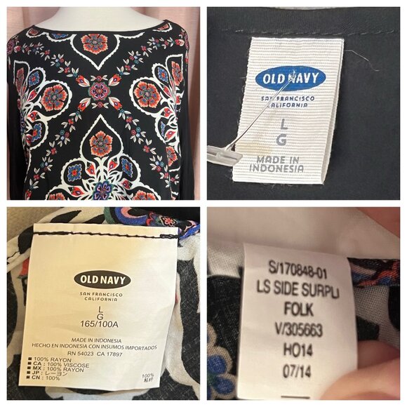 Old Navy Women Long Sleeve Blouse Folk Art Print Large 100% Rayon Office Casual - Picture 9 of 16